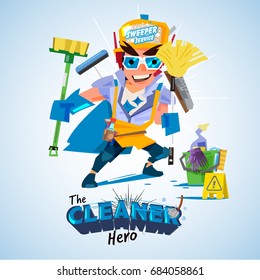 Smart cleaner concept. man in hero costume with clean-up tools. come with logo for header design - vector illustration