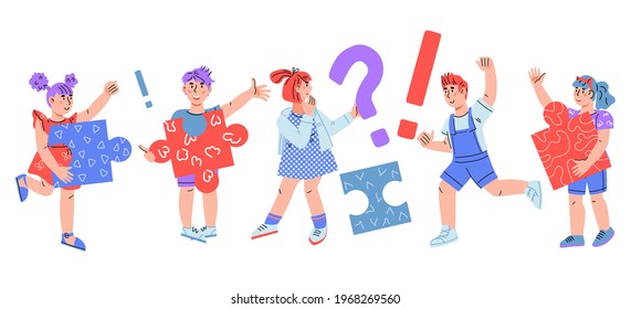 Smart clever kids among question marks and puzzle pieces. Children asking questions, having smart solution, solving puzzle or task, cartoon vector illustration isolated on white background.