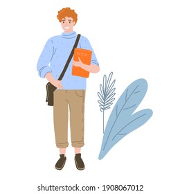 Smart clever young student guy or pupil holding a book. Color cartoon vector isolated illustration.
