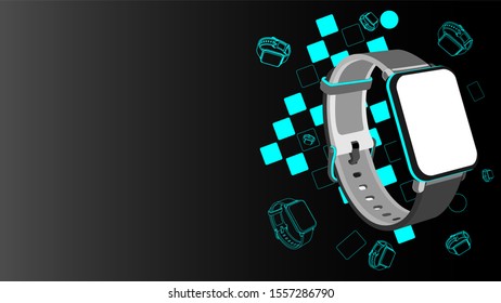 Smart clock in backlight blue. Black and gray background with blue bright squares and clock silhouettes. 3d clock.