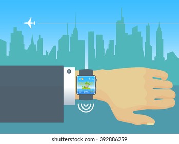 Smart clock on the wrist businessman.