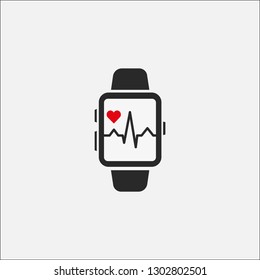 A smart clock with a picture of the heart rate on the screen isolated on a gray background. Watch icon. Heartbeat line. Vector illustration EPS 10.
