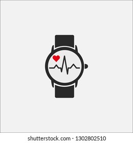 A smart clock with a picture of the heart rate on the screen isolated on a gray background. Watch icon. Heartbeat cardiogram. Vector illustration EPS 10.