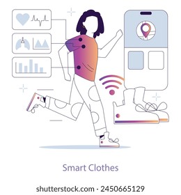 Concepto de ropa inteligente. Un hombre trota mientras su ropa inteligente sincroniza los datos de salud con su móvil. Tecnología integrada para fitness y bienestar. Ilustración vectorial.