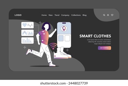 Smart clothes night or dark mode web or landing page . A man jogs while his smart clothing syncs health data to his mobile. Integrated tech for fitness and wellness. Vector illustration.