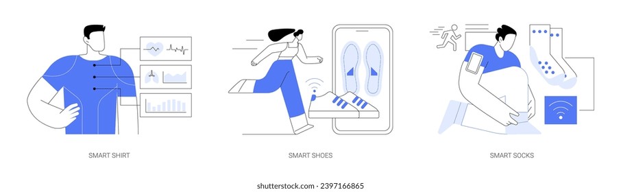 Ropa inteligente aislada ilustraciones vectoriales de dibujos animados conjunto. Hombre de confianza usando camisa inteligente, zapatos para analizar datos de correr, medias para rastrear pasos y velocidad, caricatura vectorial de estilo de vida digital.