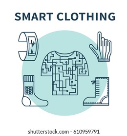 Smart clothing. Vector illustration for wearable technologies. Thin line icons of fitness tracker, smart shoes and gloves, e-textile. Concept design for blogs, web-sites, banners, advertising etc.