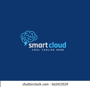 Smart Cloud Abstract Vector Emblem, Sign or Logo Template. Brain with Blizzard Silhouette Concept on Blue Background.
