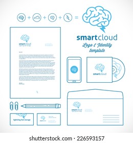 Smart Cloud Logo And Identity Template With Line Style Stationary Mockup Letterhead Envelope Smartphone Business Cards Etc.