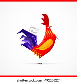 Smart cocks. Red rooster. Vector New Year congratulation design.
