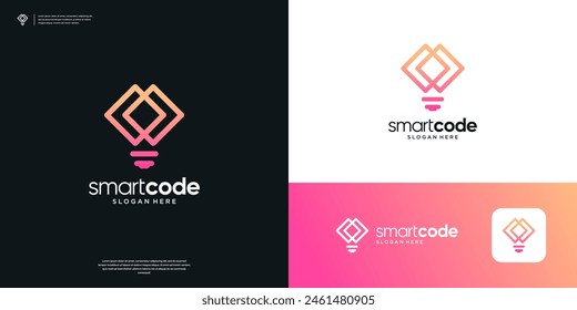 Plantilla de diseño de logotipo de codificación inteligente. Código de programación moderno y logotipo de la innovación de la bombilla.