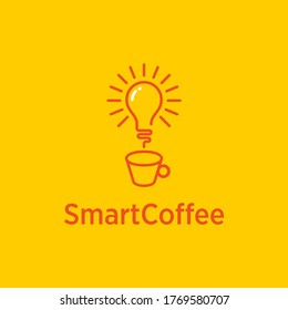 Ideas del logotipo del café inteligente. Un diseño de logo sencillo pero único que muestra una taza de café y luego convierte el humo en una forma de bombilla. 