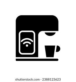 Smart coffee machine black glyph icon. Internet of things. Smart home appliance. Kitchen device. Energy saver. Silhouette symbol on white space. Solid pictogram. Vector isolated illustration