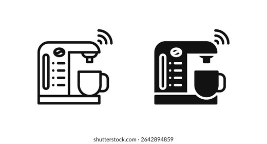 Smart coffee machine icon set depicting connected coffee makers in IoT kitchens.