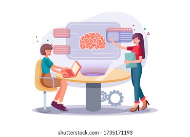 Smart colleagues participating in intense brainstorming process. Woman making biz presentation of new start-up flat style design. Meeting concept