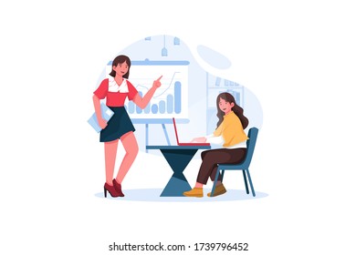 Smart colleagues participating in intense brainstorming process. Woman making biz presentation of new start-up flat style design. Meeting concept