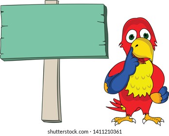 smart colorful parrot thinking beside an empty banner template