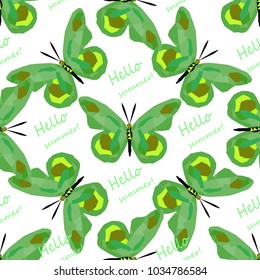 Smart and colorful summer seamless pattern with green exotic butterflies and description " Hello summer! " Low poly butterflies, vector background.