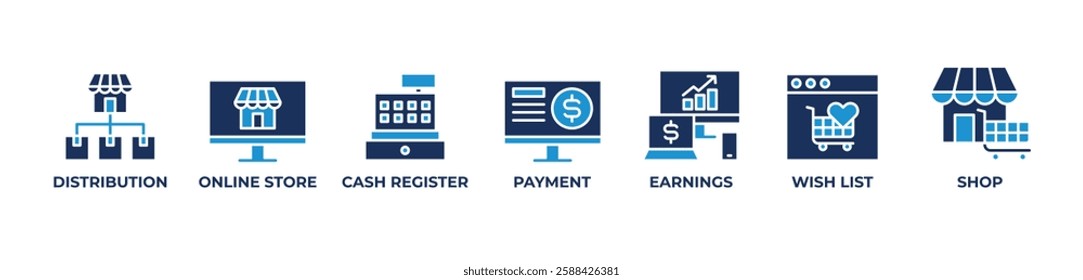 Smart Commerce Icons set vector blue illustration with Distribution, Online Store, Cash Register, Payment, Earnings, Wish List, Shop