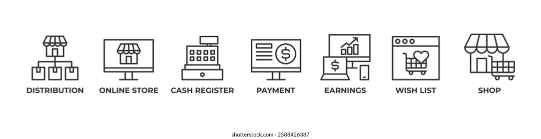 Smart Commerce Icons set vector outline illustration with Distribution, Online Store, Cash Register, Payment, Earnings, Wish List, Shop
