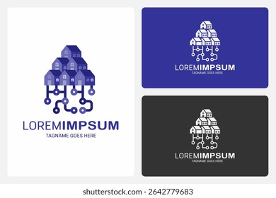 Modelo de logotipo de comunidade inteligente - Ilustração vetorial mostrando casas e pessoas conectadas em um bairro digital moderno