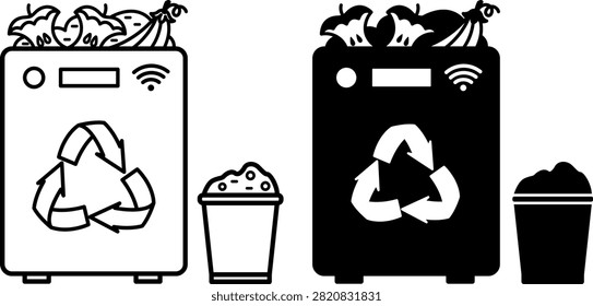 Smart Composting System Icons. Line and Glyph Vector Illustrations. Technological Device That Recycles Food and Organic Waste into Fertilizer. Composter and Fertilizer Bucket. Agrotechnology and Smart Farming Concept