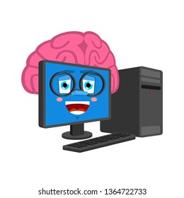 Smart Computer with brains isolated. Brain in PC Cartoon Style. data processor brainy Vector