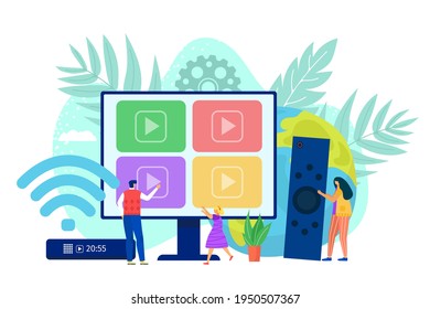 Smart computer tv by internet, digital media, vector illustration. Online television concept at big cartoon screen technology. Multimedia network app