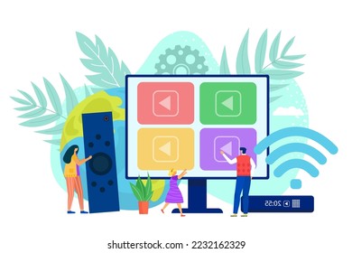 Smart computer tv by internet, digital media, vector illustration. Online television concept at big cartoon screen technology. Multimedia network app