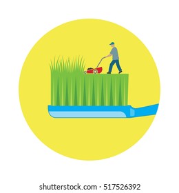 Smart concept features a landscaper cutting the grass on the toothbrush with a lawnmover. A bit odd and crazy, but still creative illustration for poster or t-shirt design. Stock vector.