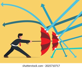 Smart confidence businessman holding umbrella to protect from arrow. protection from economic crisis