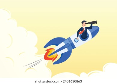 Smart confidence businessman manager open rocket window using telescope looking forward, entrepreneurship, startup vision or empowerment, leadership to see future vision and start business (Vector)