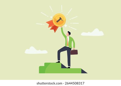 Empresário inteligente e confiante sobe a escada para o topo para alcançar a estrela preciosa. alcançar ou obter objetivos de negócios, conceito de prêmio.