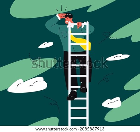 Smart confident businessman leader climb up to reach top of ladder high in the sky look forward to future. Ladder of success, vision to lead business to achieve goal. Vector illustration
