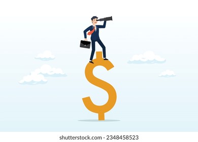 Smart confident businessman standing on US dollar money sign using telescope to see future prediction, vision for global financial or economy, business opportunity or investment forecast (Vector)