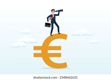 Smart confident businessman standing on Euro money sign using telescope to see future prediction, vision for global financial or economy, business opportunity or investment forecast (Vector)