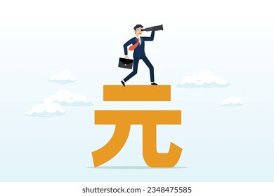 Smart confident businessman standing on Yuan money sign using telescope to see future prediction, vision for global financial or economy, business opportunity or investment forecast (Vector)