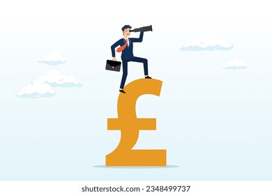 Smart confident businessman standing on Pound money sign using telescope to see future prediction, vision for global financial or economy, business opportunity or investment forecast (Vector)