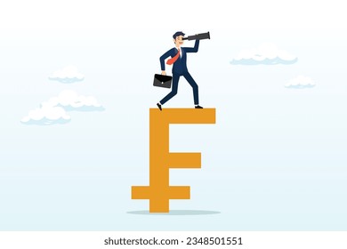 Smart confident businessman standing on Franc money sign using telescope to see future prediction, vision for global financial or economy, business opportunity or investment forecast (Vector)