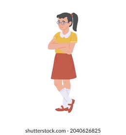 Smart confident little girl in eyeglasses standing with crossed hands, flat vector illustration isolated on white background. Cute child girl cartoon character.