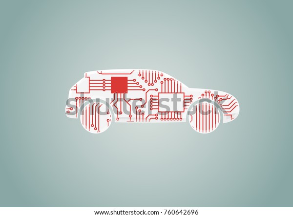Smart\
connected car concept as example for digital transformation -\
vector illustration of car with CPU\
processor