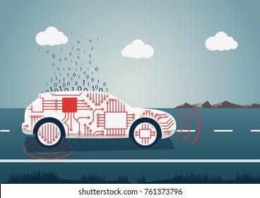 Smart Connected Car Vector Illustration. Car Icon With Sensors And Big Data Upload As Example For Digital Mobility.