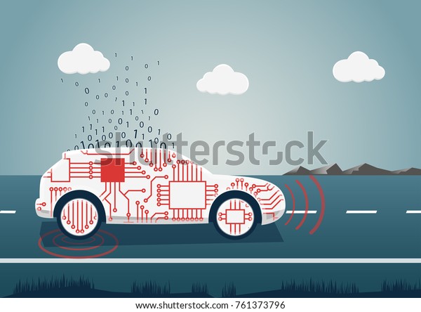 Smart\
connected car vector illustration. Car icon with sensors and big\
data upload as example for digital\
mobility.