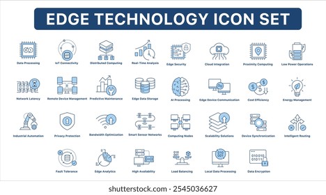 Conjunto de ícones da Smart Connectivity and Edge Technology. Análise em tempo real, IA, IoT, nuvem e processamento de dados. Ícone de vetor definido no estilo de contorno de cor azul. 