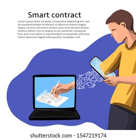 Smart conract, electronic signature concept. Man writing sign on paper in monitor of laptop computer throw his phone. Virtual digital block chain connection. Vector