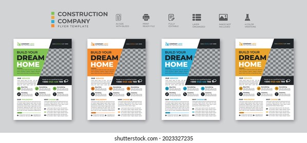 smart construction flyer template design, brochure cover, with an image placement. four professional color variation, fully editable, well organized. Eye catchy vector design, a4 size, eps 10 version