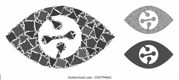 Smart contact lens composition of unequal pieces in various sizes and color tinges, based on smart contact lens icon. Vector raggy pieces are combined into collage.