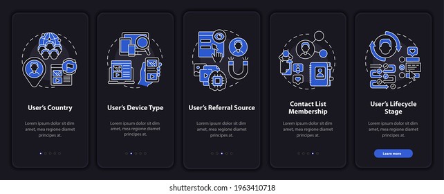 Intelligente Inhaltsanalysekriterien für das Einbooten von Vektorvorlagen. Umfassende mobile Website mit Symbolen. 5-Stufen-Bildschirme für die Webseite. Digital Marketing Night Theme Konzept mit linearen Illustrationen