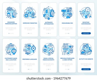 Smart content blue onboarding mobile app page screen with concepts set. Targeting strategies walkthrough 5 steps graphic instructions. UI, UX, GUI vector template with linear color illustrations