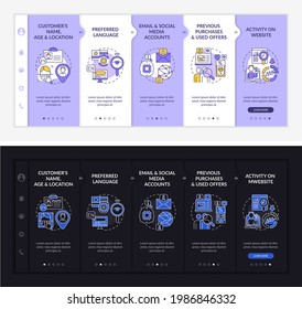 Criterios de contenido inteligente en la plantilla de vector. Sitio web móvil de respuesta con iconos. Recorrido de página Web de 5 pantallas de paso. El marketing digital oscuro, el concepto de modo claro con ilustraciones lineales